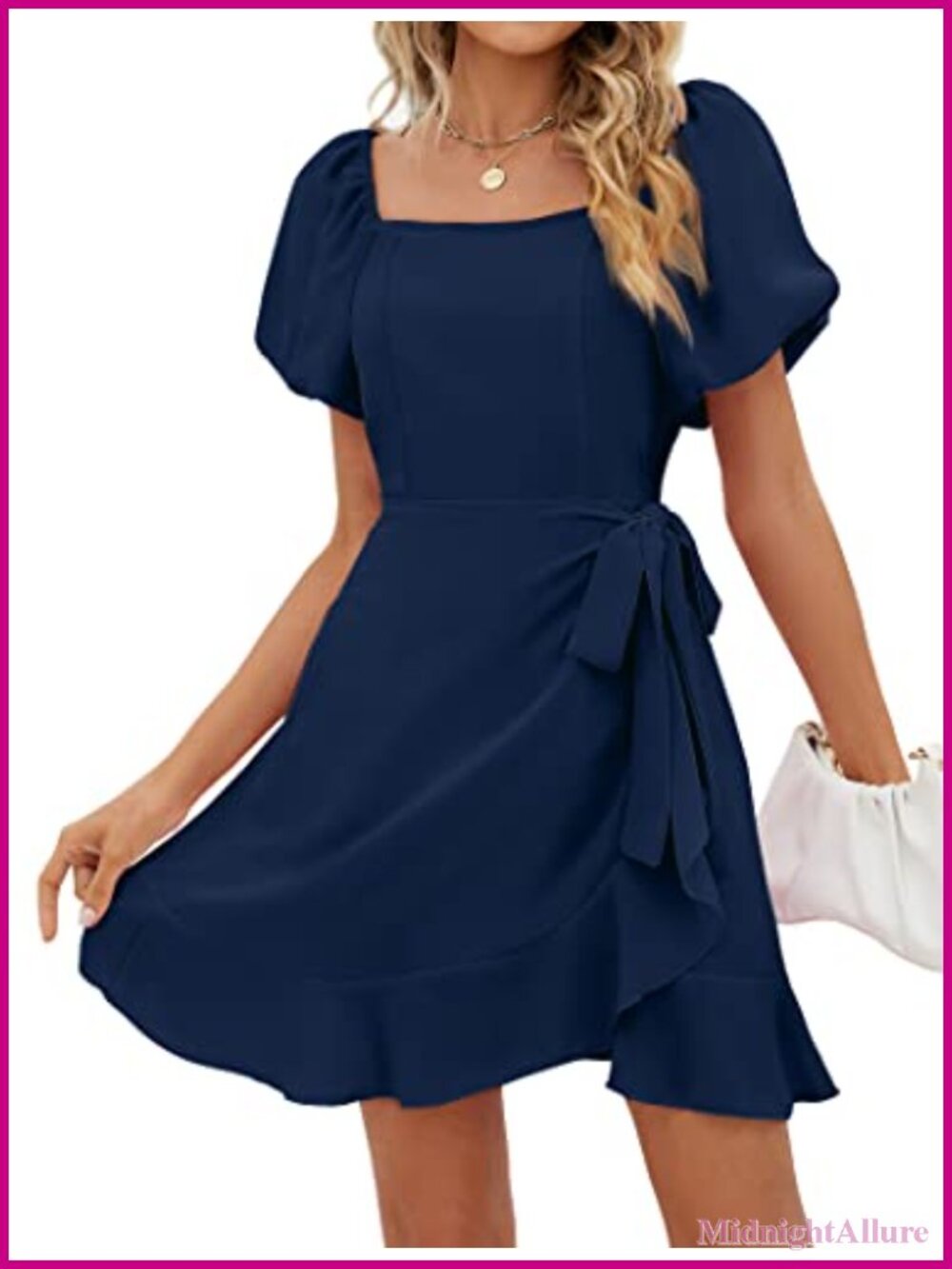Womens Chiffon Mini Dress Square Neck Puff Sleeve Tie Waist A Line